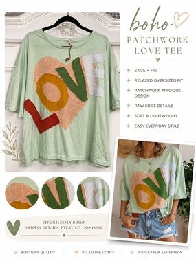 💚magnolia P inspired Sage + Fig Mint Green LOVE Patchwork Appliqué T shirt Large